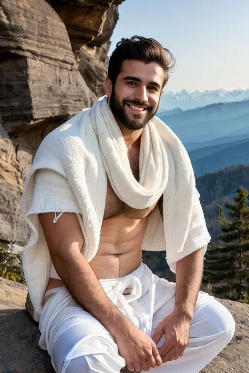 Prompt: a scene of "snow mountain", sunlit, depth of hills, hd dawn, white "snow", "early sunrise", (training), "kashmiri hyperreal handsome rugged cute hairy hunk", smile, white shawl dhoti, detailed, hyperreal, sitting, arena, perfect composition, hyperrealistic, super detailed, 8k, high quality, trending art, trending on artstation, sharp focus, studio photo, intricate details, highly detailed, by greg rutkowski
