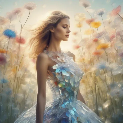 Prompt: Beautiful woman made out of crystal glass dressed in a glass dress in sunlight, in a field of glass flowers in a painted style