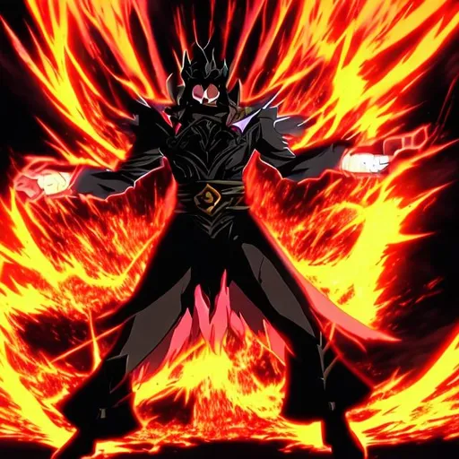 Prompt: The world burning down as the villain is introduced anime style
