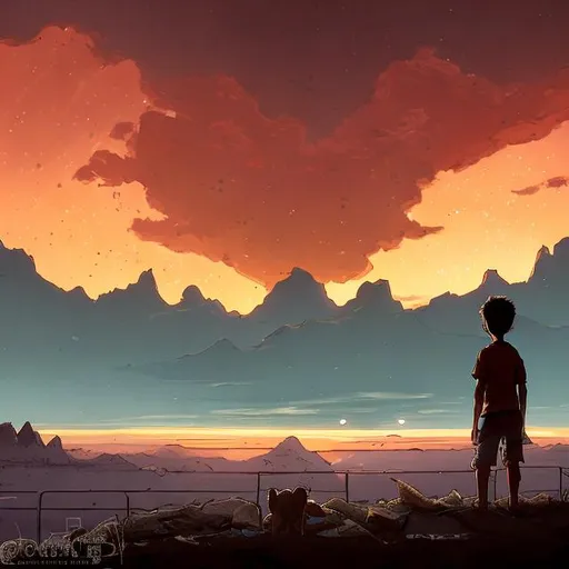 Prompt: a boy views a beautiful sunset atop a boat. Behind him is a passing violent storm. The boy lives in a barren and desolate world. He is alone except for a dog next to him. His lone companion. To his right, he sees a cluster of mountains shrouded in mist, full of mystery. He is unsure about what might happen next as he gets ready for his next adventure In this strange and apocalyptic world. But him and his dog are ready.