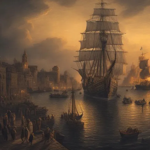 Prompt: An epic grand harbour at night, with one old epic sailing ship. Resolution, HDR pictures, masterpiece, high resolution, highly detailed pictures, high quality pictures, perfectly drawn objects, perfectly drawn face, a masterpiece of mastering