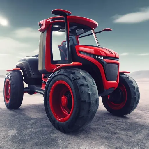 Prompt: create a futuristic looking tractor with five wheels that is very weird