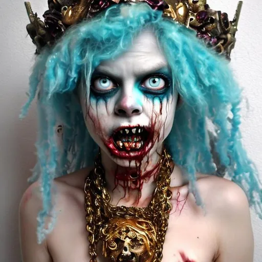 Prompt: zombie princess, strapless gold dress, creepy face, makeup, necklace, highly detailed, drooling mouth, pretty blue eyes, bloody, fur coat