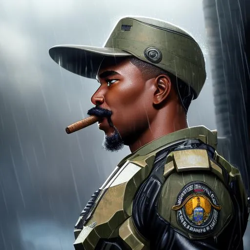 Prompt: Professionally illustrated art of a marine from Halo standing in the rain, intricate details, full-body portrait, headshot, HDR, 64K, highly detailed, bright sun rays, best version, handle bar mustache, african-american, burning cigar in mouth