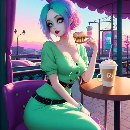 Prompt: Cute Pixar style painting of a beautiful zombie woman, pale green skin, pastel pink and blue hair, sunset, sitting in a cafe, donut, latte, muted color pallette, vaporwave