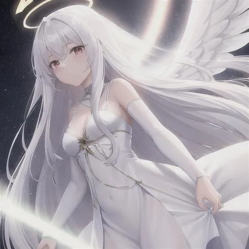 Prompt: Angel, decending, spread wings, long white hair, straight hair, pretty female, beautiful, white dress, flowy dress, best quality, high quality, 8k, high res, focus, full-body, low angle, halo, front angle