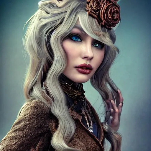 Prompt: hyper realistic steampunk lady, intricate and ornate, huge full lips, long blonde hair, metal, maze, award winning CGI, Behance, WLOP, colorful, wind 