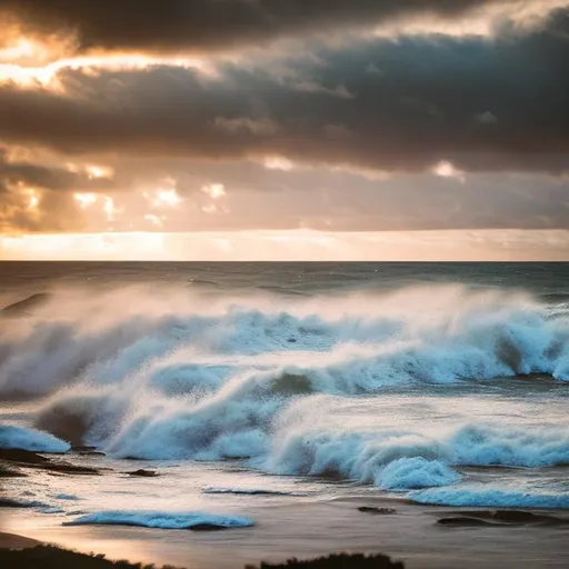 Prompt: stormy Cornwall seascape at sunset with crashing waves, {vintage}, {Sun rays}, {vivid colors}, {low-lighting}, {soft-focus}, {film-grain}, {high-saturation}, {professional}, {wide-angle shots}, {documentary-style}, {analog-aesthetics}, {warm-color-palettes}, {soft color grading}, {vintage film stock},{64K}