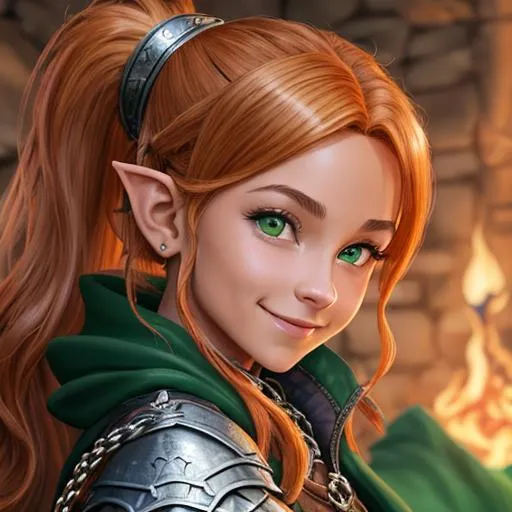 Prompt: oil painting, D&D fantasy, (23 years old) lightly tanned-skinned hobbit girl, (tiny petite body), beautiful face, mischievous grin, long ponytail bright ginger with highlights hair, short small pointed ears, mischievous grin looking at the viewer, wearing chain mail with a dark green cloak and casting a holy elemental spell #3238, UHD, hd , 8k eyes, detailed face, big anime dreamy eyes, 8k eyes, intricate details, insanely detailed, masterpiece, cinematic lighting, 8k, complementary colors, golden ratio, octane render, volumetric lighting, unreal 5, artwork, concept art, cover, top model, light on hair colorful glamourous hyperdetailed medieval city background, intricate hyperdetailed breathtaking colorful glamorous scenic view landscape, ultra-fine details, hyper-focused, deep colors, dramatic lighting, ambient lighting god rays, flowers, garden | by sakimi chan, artgerm, wlop, pixiv, tumblr, instagram, deviantart