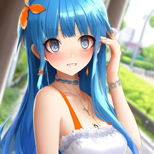 Prompt: Side swept band+long layer haircut, hing arched eye brow ,blue hair,orange eyes,white_body, big_tits, japanese dress,hentai versiongirl, fit body