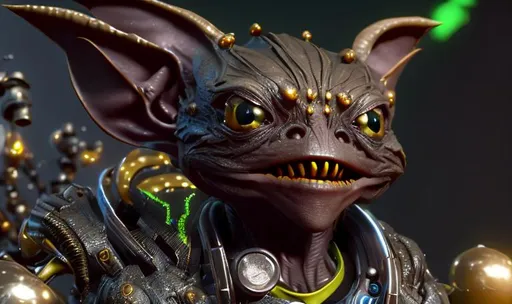 Prompt: Sci-fi Space Gremlin with green eyes and sly smile, finely detailed yellow jacket, portrait, cinematic lighting, intricate filigree metal design, 4k, 8k, unreal engine, octane render