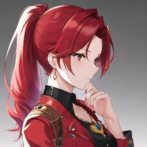 Prompt: Haley with bright red hair pulled back, side profile, wearing a heart locket, steampunk