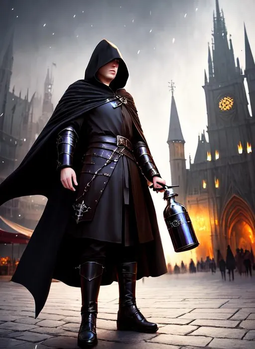 Prompt: Hooded man in a cloak holding poison, epic, dark fantasy, pose, 8k, HD, fur armor, full body, vibrant, high detail, cinematic, aesthetic, ethereal, smokey background, night, dark, crowded medieval city, city, shadows, market place, high quality, gritty, perfect face, high quality face, people, ethereal, market plaza,