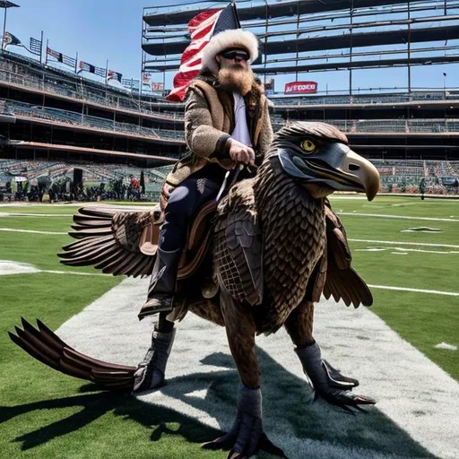 Prompt: bryce hutchinson riding on an eagle with a big read beard over lincoln financial field