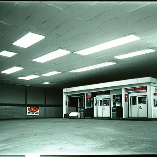 Prompt: liminal space 1980 gas station, lonely, old photo quality color,  feeling weird, backrooms