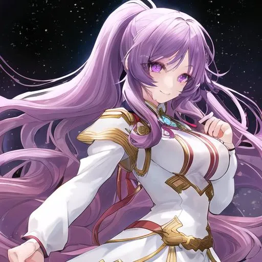 Prompt: A good looking girl with purple long wavy hair with a few red, her eyes look like stars and light blue, and her face is white and extremely pretty and looks charming, smiling, warm, so she is an anime main character.She has a pony-tail.