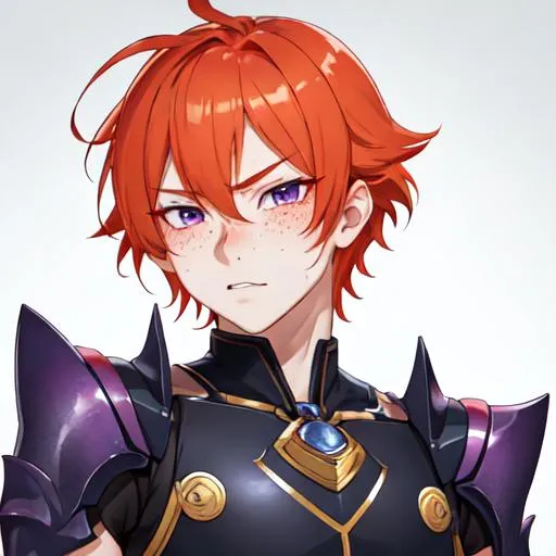 Prompt: Erikku male (short ginger hair, freckles, right eye blue left eye purple) muscular, UHD, 8K, Highly detailed, insane detail, best quality, high quality, blushing
