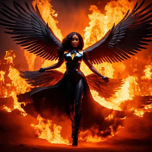 Prompt: Photo of black female human Phoenix rising up out  of the ashes, cinematic lighting, movie poster