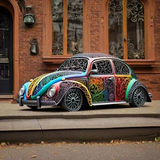 Prompt: A VW beetle made out of colored filigree wrought iron work