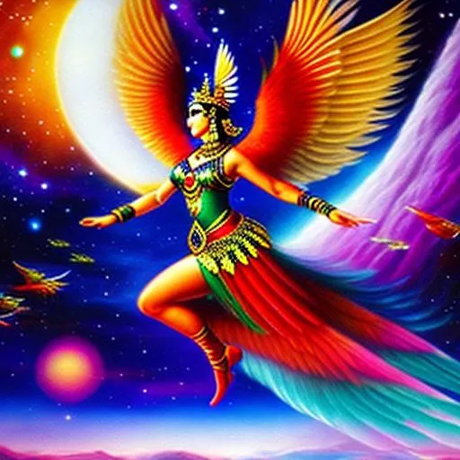 Prompt: dancing feathered Garuda warrior earth deep space
