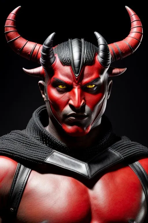 Prompt: Photorealistic D'Norr Devil man, Red Skin and eyes, Black markings on face and body, Black horns with red tips, Red and Black Leather Style Armor, Intricately Detailed, Hyper Detailed, Hyper Realistic, Volumetric Lighting, Beautiful coloring and face detail