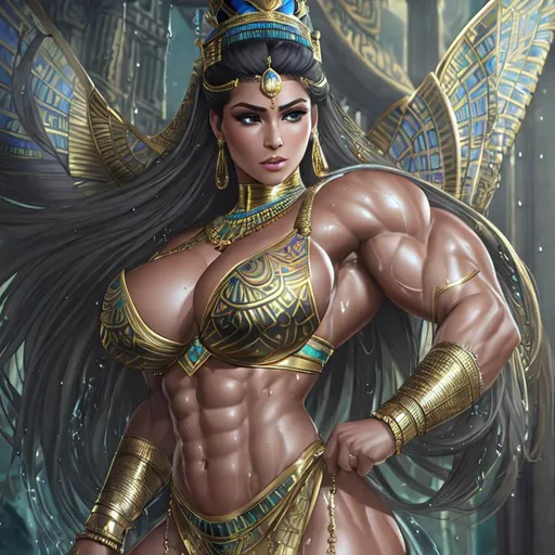 Prompt: {{{{highest quality full body splash art masterpiece, hyperrealistic, hyperrealism, {{female character ancient queen of Egypt}}, {{Ancient Egypt Background}} intricately hyperdetailed, hyperrealistic intricate details, muscular muscle definition female body, wet with sweats all over her body, perfect face, perfect body, thick hairy armpits, perfect anatomy, perfect composition, approaching perfection, Detailed and Intricate, Detailed Render, 3D Render, Unreal Engine, by Greg Rutkowski, Concept Art

}}}}