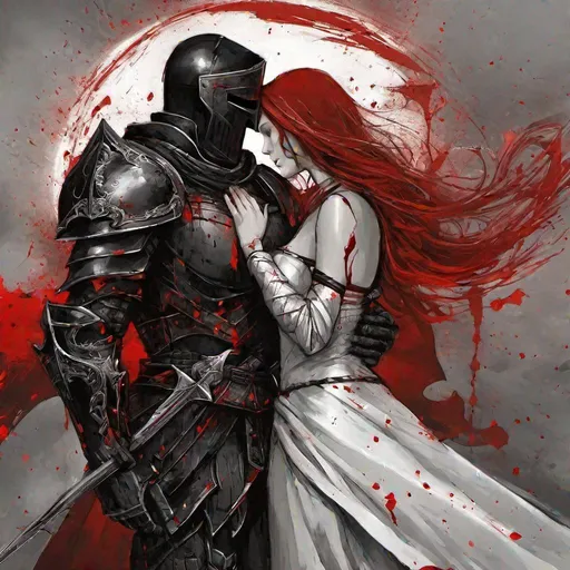 Prompt: crusader clad in black and red steel-armor protecting his beautiful and fragile wife whos embracing him in a blood stained and torn world.