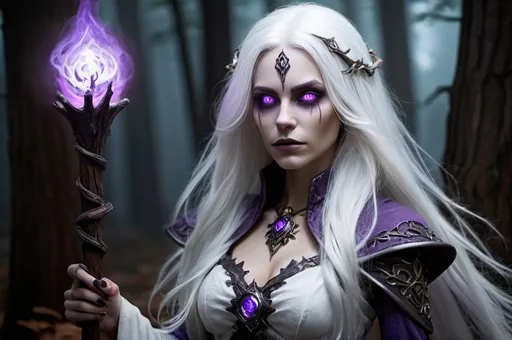 Prompt: Realistic, beautiful undead female human, long white hair, D&D, warlock, holding a warlock staff emitting mysterious purple light, detailed facial features, intricate wood details, soft lighting, high-quality, detailed ghostly eyes, professional, fantasy, realistic, elegant, night time forest, long white hair, human, ghostly, soft lighting