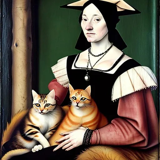 Prompt: Young beautiful lady with a cat on her lap, early 16th century, oil on canvas, in the style of Holbein, realistic