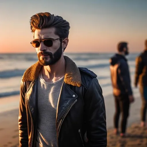 Prompt: A man with a beard, short hair, and glasses with a leather jacket at the beach during the sunrise. 4k quality. Insane realisim. Beautiful. Great detailing. Beautiful. With other people in the background. Realisim. Insane details