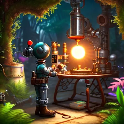 Prompt: Little machinist robot using paintbrush on a canvas, drawing a portal to lush forest, 4k, trending on Artstation, dim lighting, steampunk style, messy artist's studio, paint cans everywhere, full body