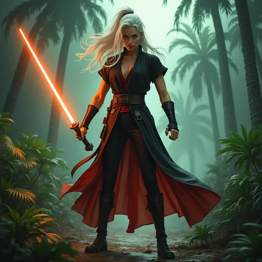 Prompt: Clad in a sleek, short-sleeved outfit of flowing black and red robes that highlights her athletic frame as it flows, a young woman stands poised in a dramatic battle pose in a landscape, wielding a glowing orange lightsaber in one hand, she reaches out with the other hand forward with a clenched fist. Her white hair is flowing, accentuating her fierce expression as she prepares for battle against the backdrop of a wet dark rain forest with tropical plants and palm trees that tower ominously. The atmosphere is charged, with swirling clouds and a green haze in the distance, casting a dramatic glow that enhances the tension of the scene. Overall, the image conveys a sense of empowerment and urgency, blending elements of fantasy and adventure as the figure exudes confidence in an otherworldly setting.