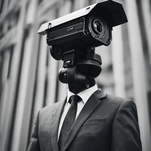 Prompt: men his head is a old style security camera, in suit, 