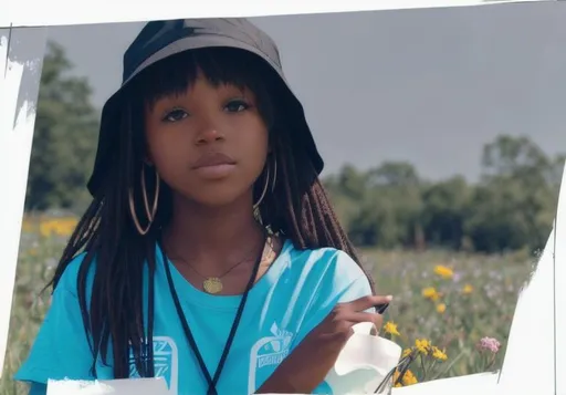 Prompt: A black girl sitting in a flowery meadow with a bucket hat that has "petty" written on it.