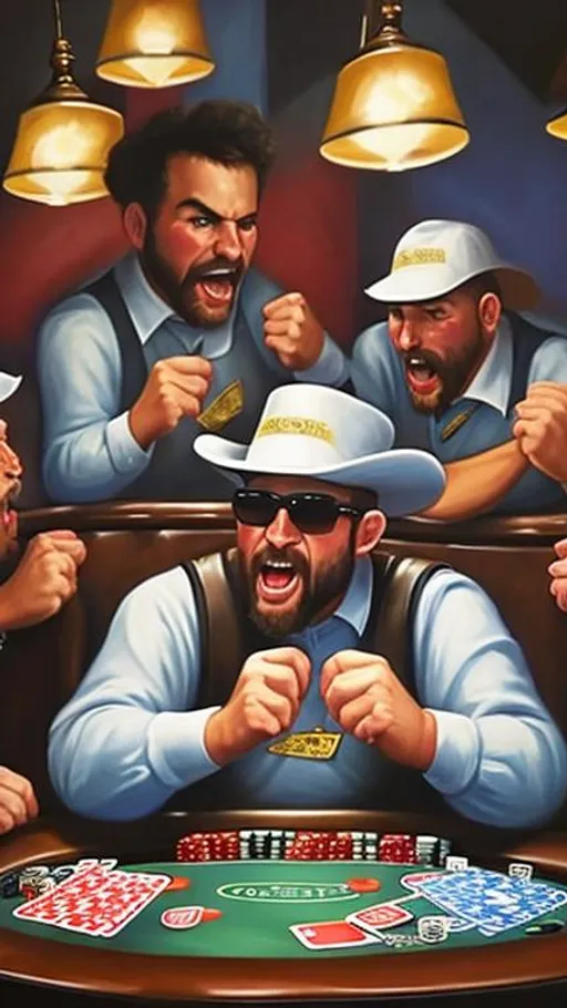 Prompt: high quality painting of a poker playing bandit yells, throwing his cards while the other players at poker table look concerned