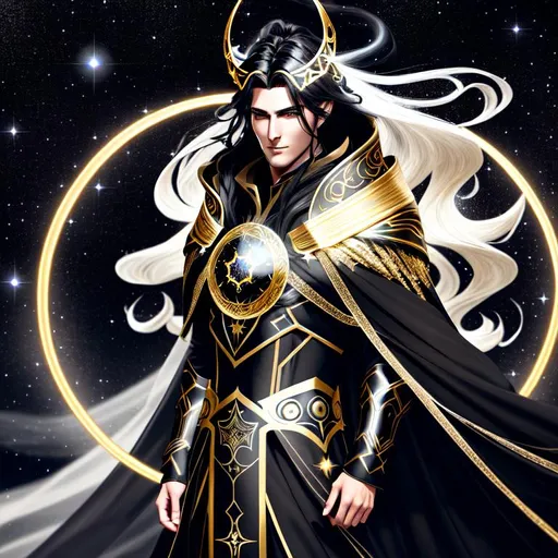 Prompt: Tall ethereal darkly handsome 
humanoid  creature with black halo and flowing mancrome hair flecked with stars blowing in the wind shrouded in a heavy dark cloak made with an ornate gold breastplate and trailing flowing wisps of shadow and stars with glittering  crimson pupils with a black ring around the pupil set deep into its tan face + character sheet + full body art.