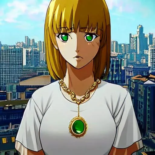 Prompt: Anime, girl, extremely fine details, face and torso, green eyes, beautiful, city background, sunlit from the front, t-shirt, gold necklace with aquamarine gem 