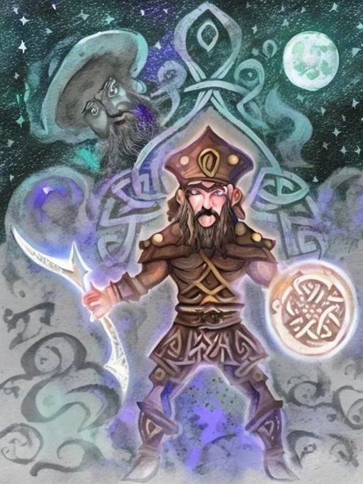 Prompt: Moon and stars behind. Celtic wizard next to shroom warrior