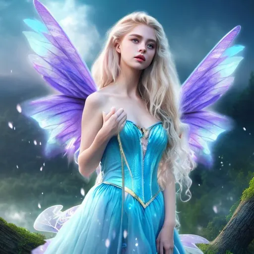 Prompt: 4k professional modeling photo live action human woman hd hyper realistic beautiful magical fairy blonde hair fair skin blue eyes beautiful face blue dress blue sparkling fairy wings and wand enchanting mystical forest landscape hd background with live action magic full body