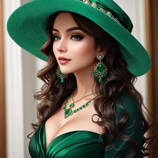 Prompt: Lady all in green, Long  very curly hair, wearing emerald jewelry, face front, blue fashion, stylish hat and coat, pretty makeup, facial closeup