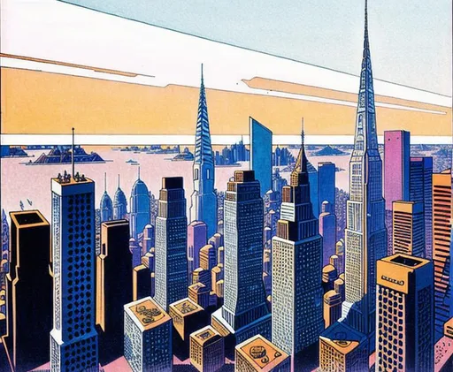 Prompt: Moebius inspired city scape