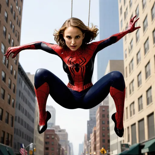 Prompt: Natalie Portman, as Spider-girl, swinging through the city.