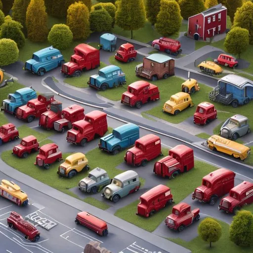 Prompt: old red cabin scooters and small bubble cars from the 1940ies and 1950ies on a big parking place, aerial view, photorealistic