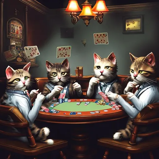 Prompt: Cats playing poker, Smokey room, dime lighting, digital art.