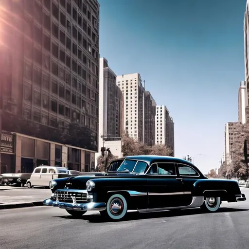 Prompt: Early tall 1950s buildings with black road 1950s chevrolet dark black cars high resolution 4k daytime nice weather light blue sky 