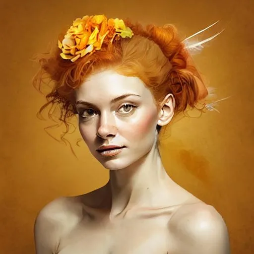 Prompt: pale skinned , auburn fairy goddess with a pale orange background with feathers and yellow roses,close up