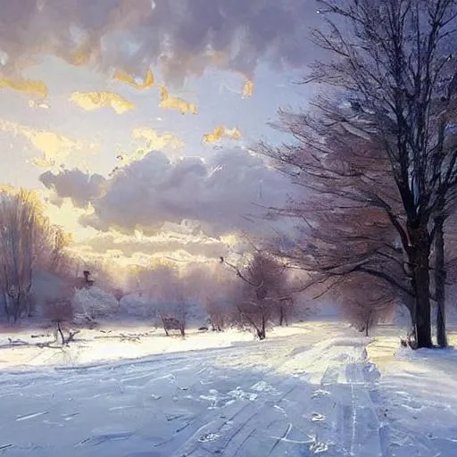 Prompt: Create a painting of a serene winter landscape in the style of Peder Mork Monsted using stable diffusion. Use the technique to capture the subtle variations in color and light, creating a sense of peace and tranquility in the painting