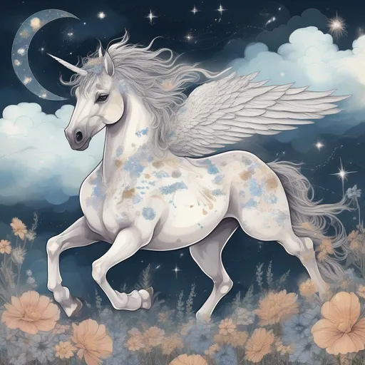 Prompt: A beautiful pegasus with constellations on its sides, walking in a field of clouds and flowers in a painted style