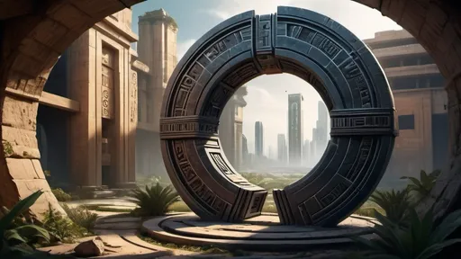 Prompt: magical portal between cities realms worlds kingdoms, circular portal, ring standing on edge, upright ring, freestanding ring, hieroglyphs on ring, complete ring, ancient babylonian architecture, gardens, ruins, turned sideways view, futuristic cyberpunk tech-noir setting