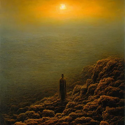 Prompt: Hyper-realistic nightmarish painting by Zdzisław Beksiński of a warrior standing upon a landscape of corpses as he is consumed by fire. A glimmer of hope shines above the warrior, painted by Alejandro Bursido. death | suffering | malevolence | war | grim | despair | UHD, 4K, 8K, 64K, highly detailed.